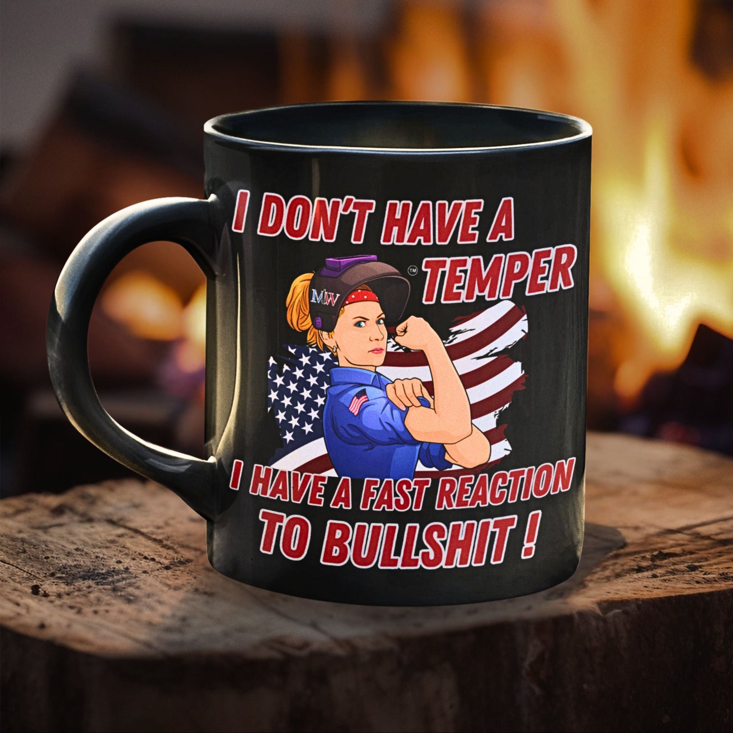 Black ceramic coffee mug with patriotic Rosie-style art and the quote “Fast Reaction to BS”