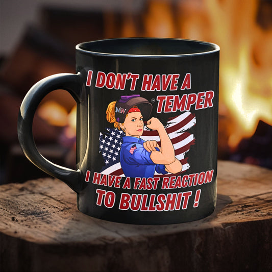 Black ceramic coffee mug with patriotic Rosie-style art and the quote “Fast Reaction to BS”