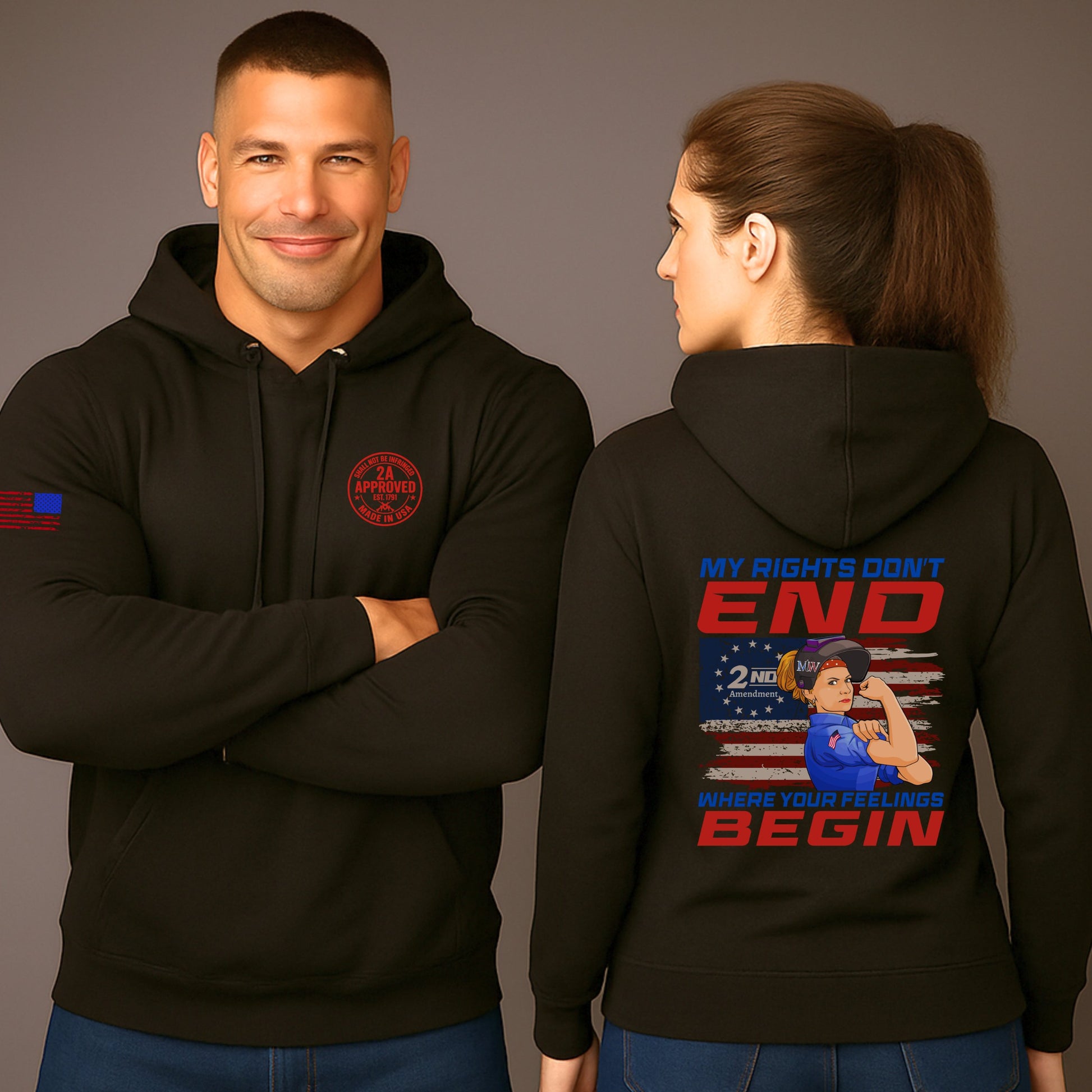 Unisex black hoodie on male and female models; small left-chest emblem; back graphic reads “My Rights Don’t End Where Your Feelings Begin”; gray studio background.