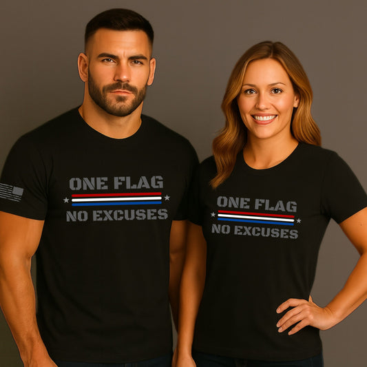 Man and woman wearing black One Flag No Excuses T-shirt with chest graphic, studio background.