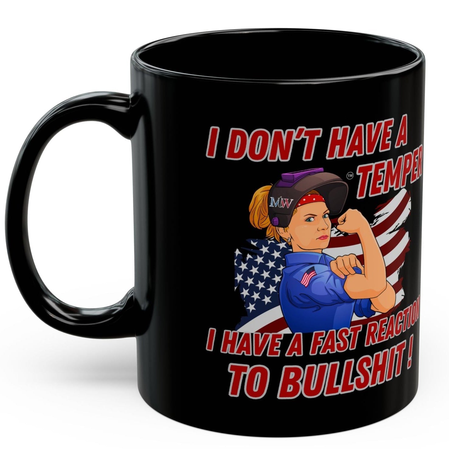 Black ceramic mug with “Fast Reaction to BS” patriotic Rosie-style design on a white background