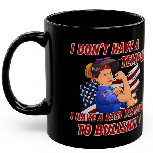 Black ceramic mug with “Fast Reaction to BS” patriotic Rosie-style design on a white background